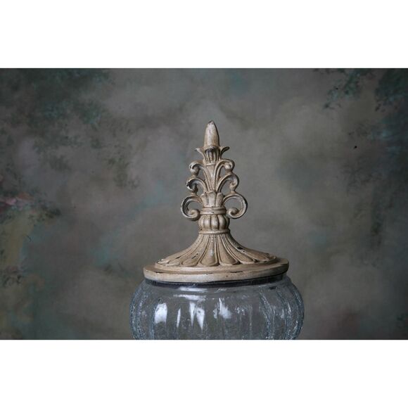 Decorative Crackle Glass Jar With Fleur-de-lis Lid Metal Work Aged - Picture 3 of 9